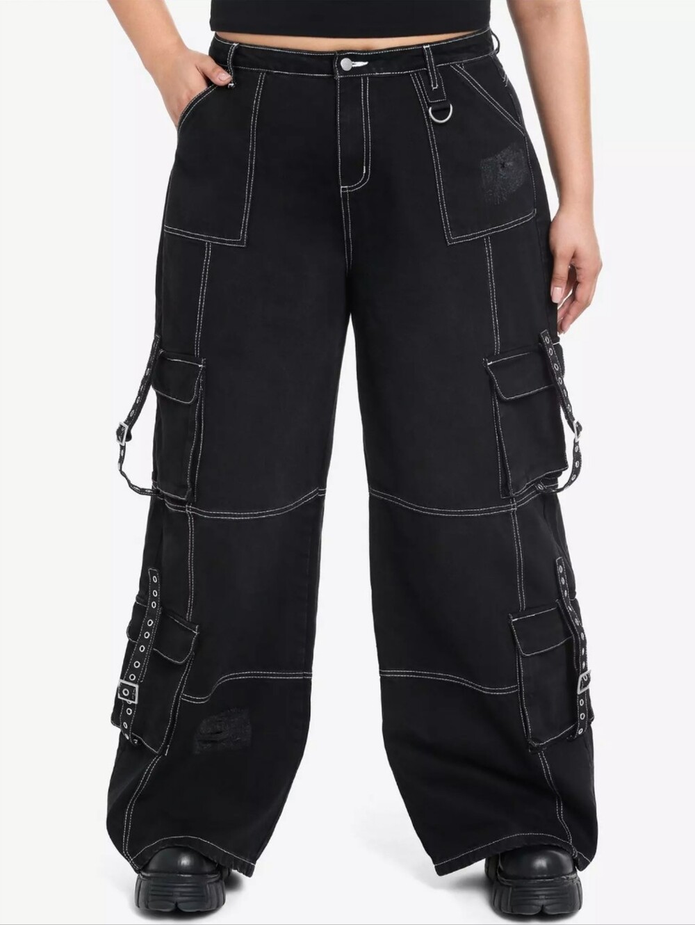 Daisy Street Black Contrast Stitch Cargo Utility Pants Women's 7 Grommets Alt